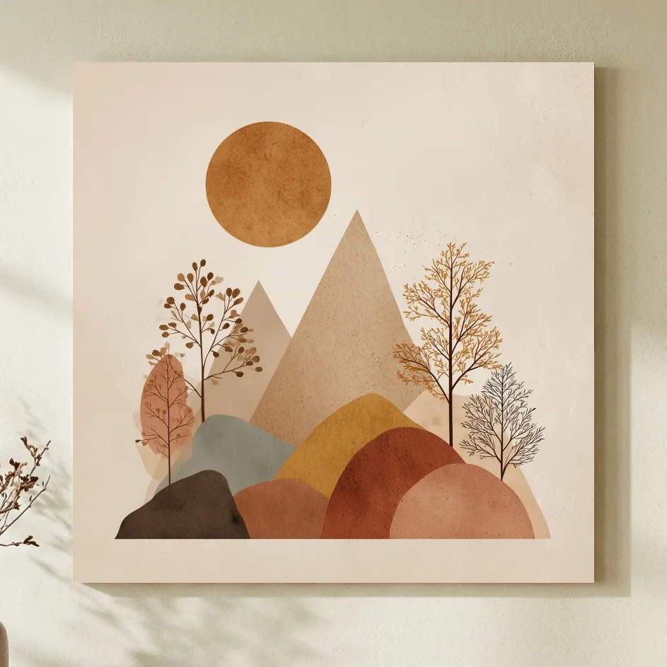 Minimalist Scandi Mountain Sunset Landscape - Boho Neutral Earth Tone Wall Art