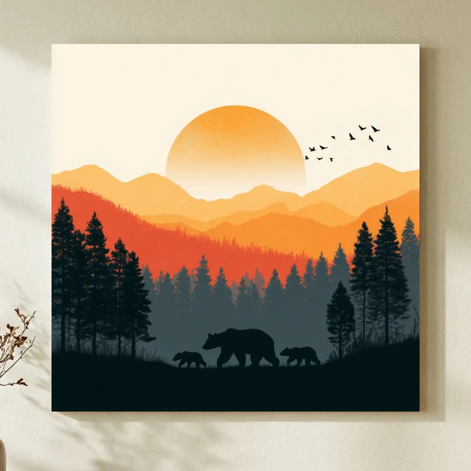 Sunset Mama Bear & Cubs Silhouette - Wildlife Forest Landscape Wall Art