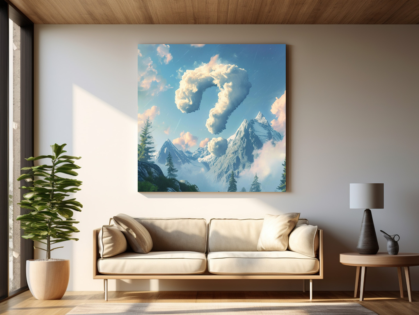Artwork hanging on a wall, a question mark made of clouds