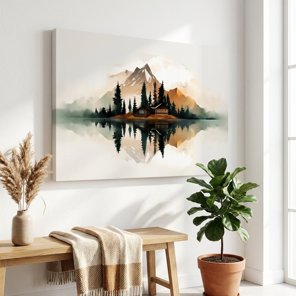  Minimalist art, glacier, lake, cabin, trees 