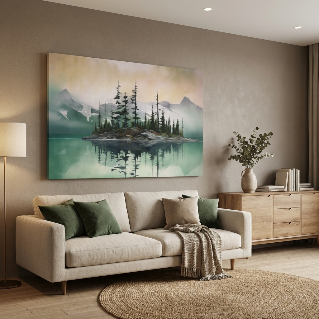  Trees on a turquoise alpine lake, mountain painting 