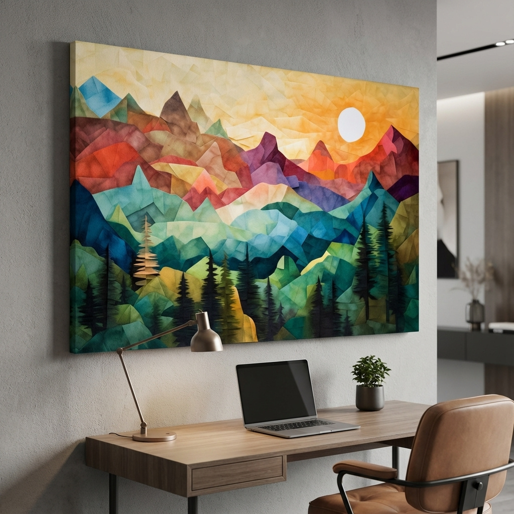  Abstract canvas print of mountains at sunset, patchwork effect 
