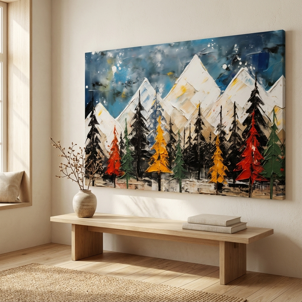  Thick abstract oil painting print, treeline by the mountains 