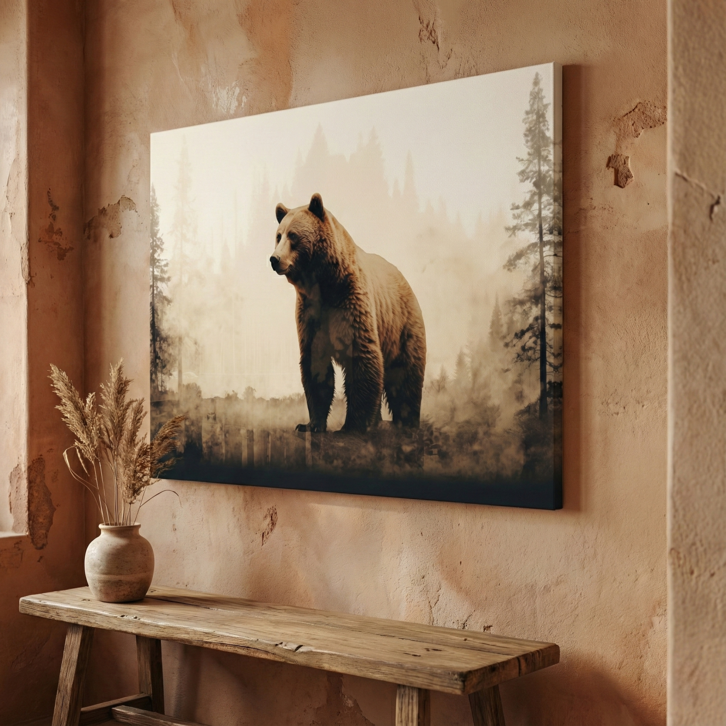  Grizzly bear in the forest, double exposure sepia photography artwork 