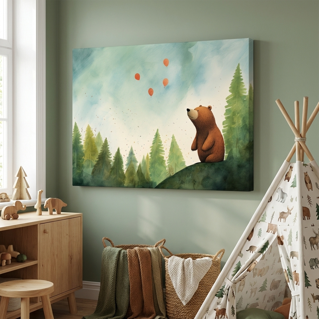 Mockup of Illustration of a cute happy bear gazing into the sky, nursery wall art