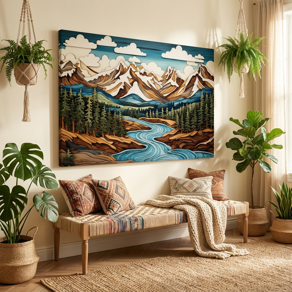  Intarsia style artwork of a mountain, river and forest landscape 