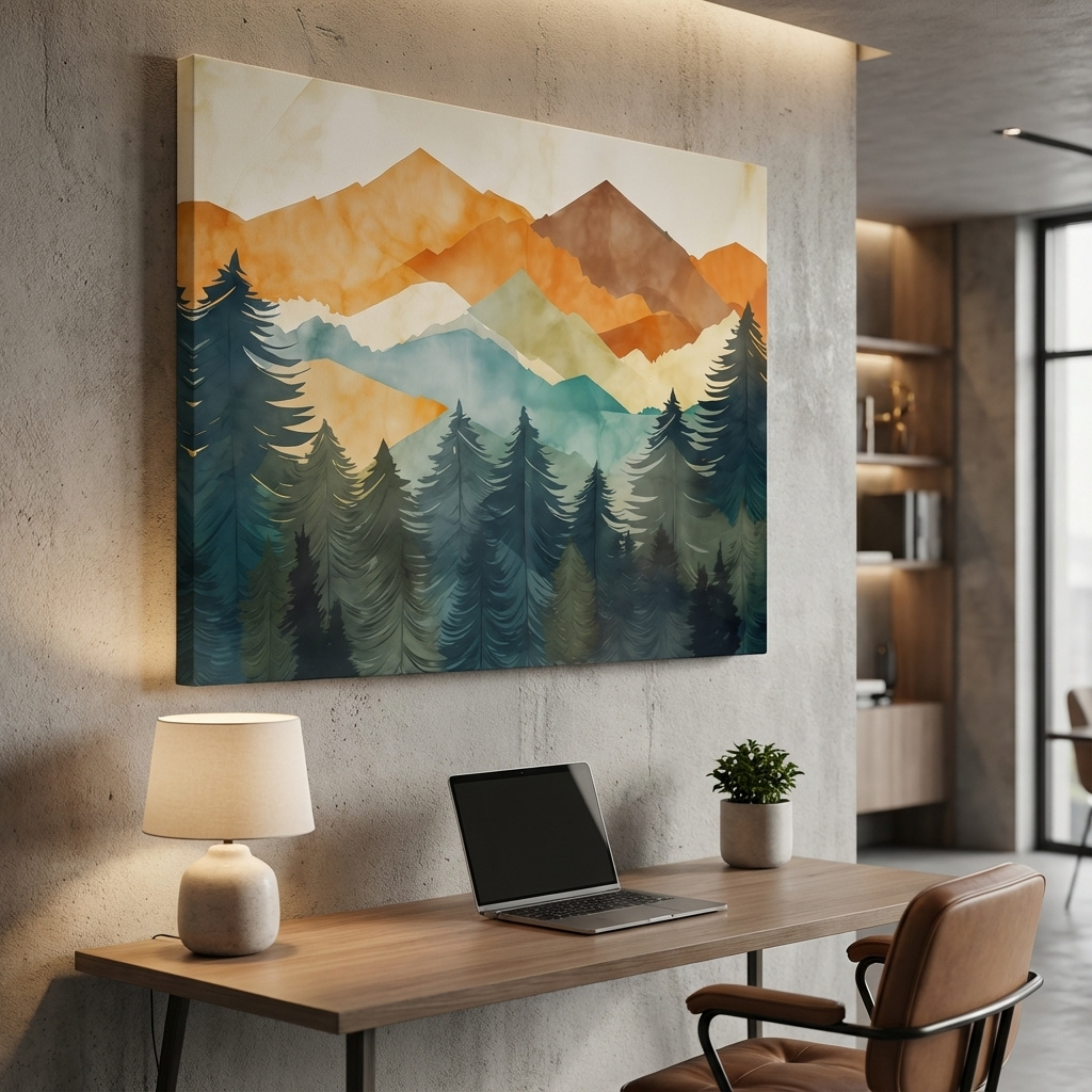  Abstract watercolor painting, mountains and forest 