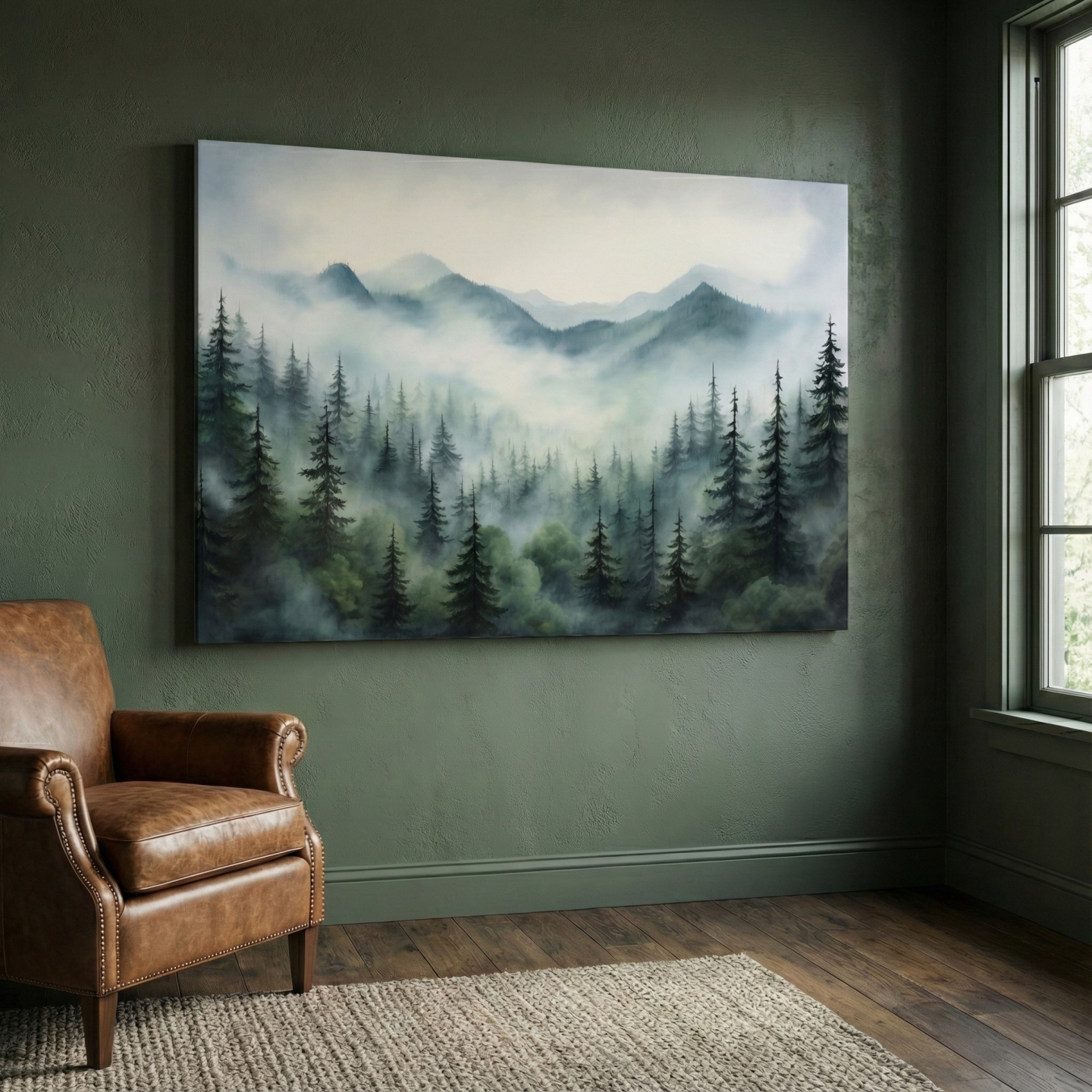 Painting of fog rolling through the trees and mountains