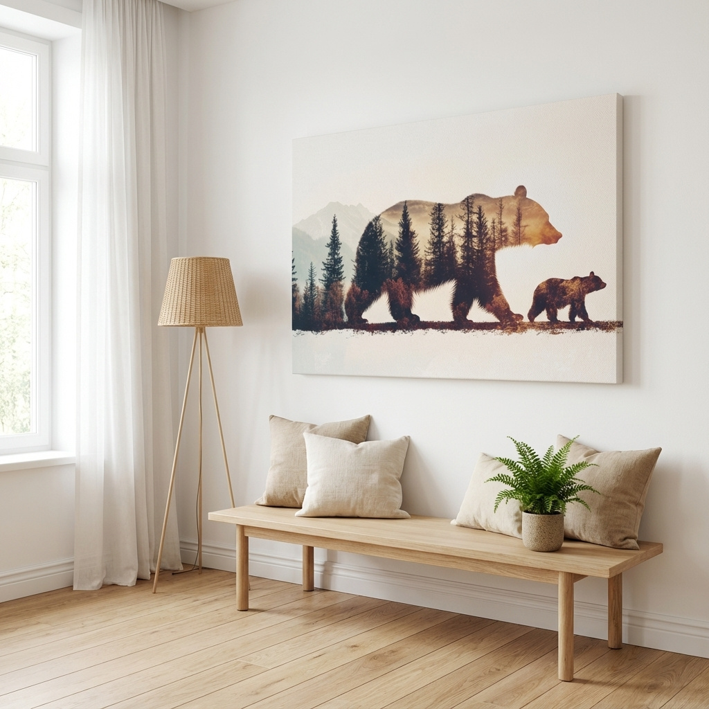  Double exposure forest wall art, momma bear and her cub 