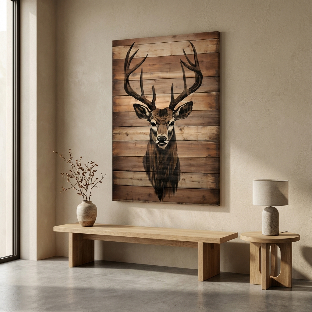  Wood burning art, deer head on wooden panels 