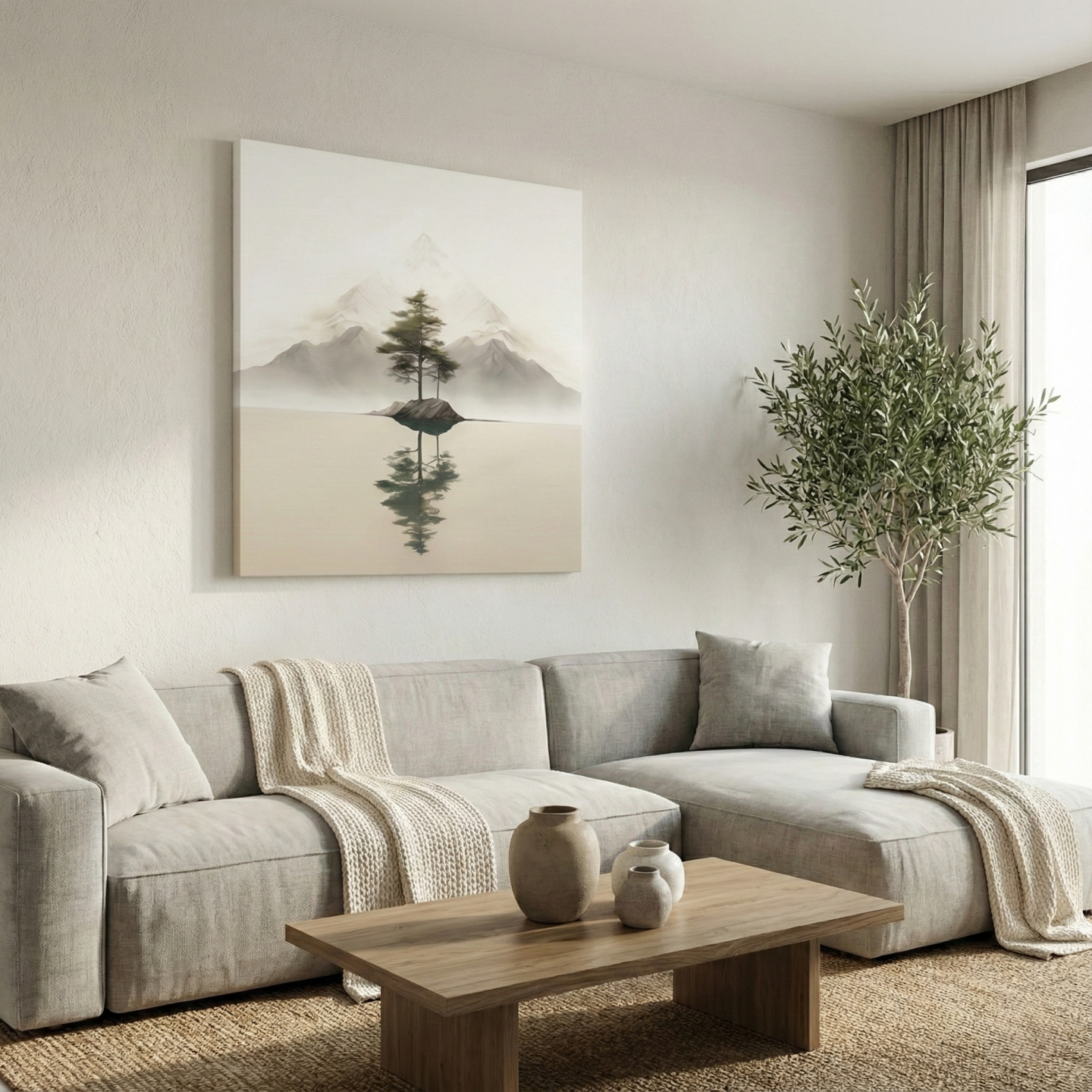 Mockup of Minimal mountain art, tree reflecting on a lake