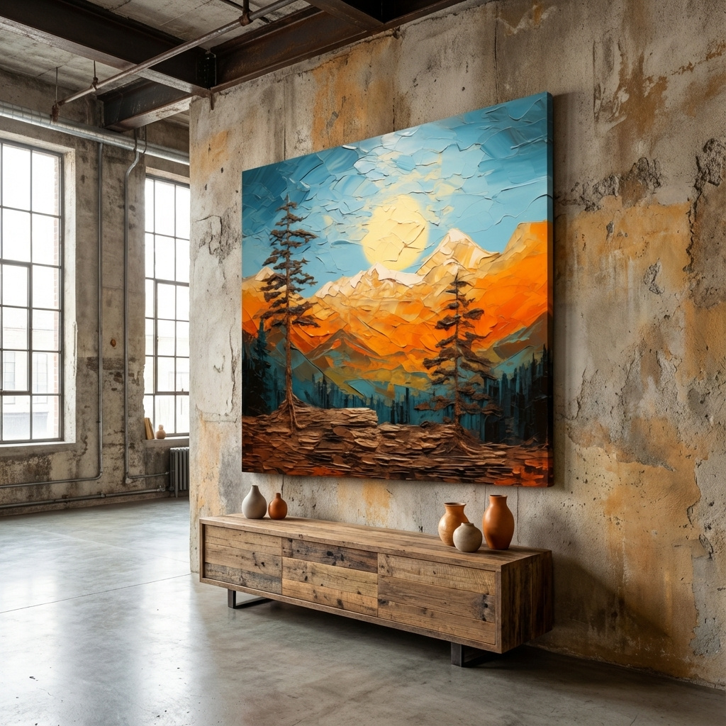  Mountains at sunset artwork print, thick impasto textured oil painting effect 