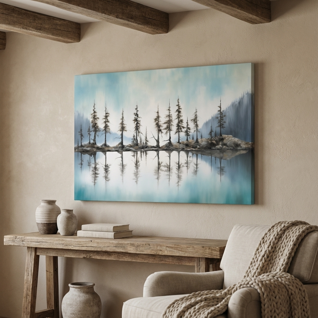 Mockup of Painting of alpine trees lining a torqouise lake, Pacific Northwest artwork