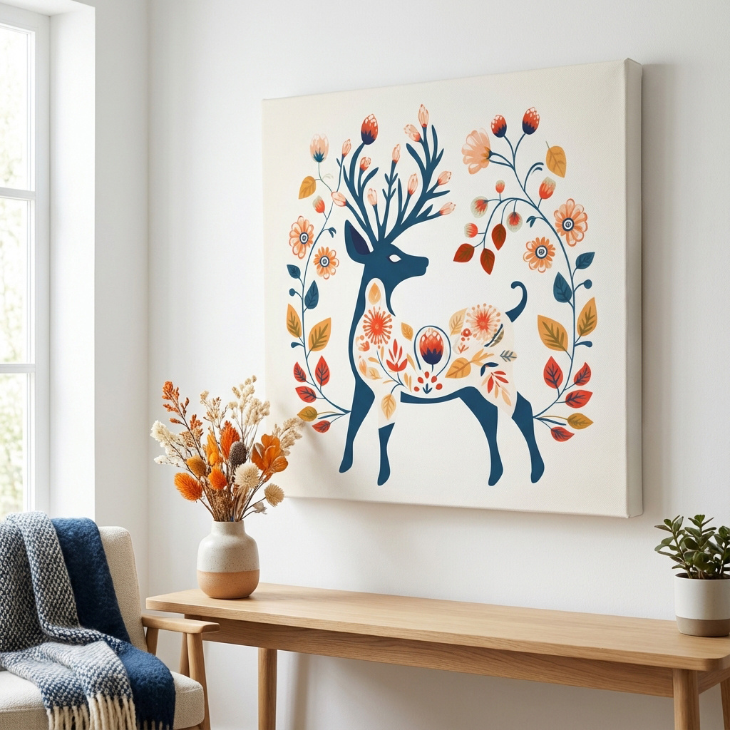 Mockup of Deer and flowers print, folk style artwork