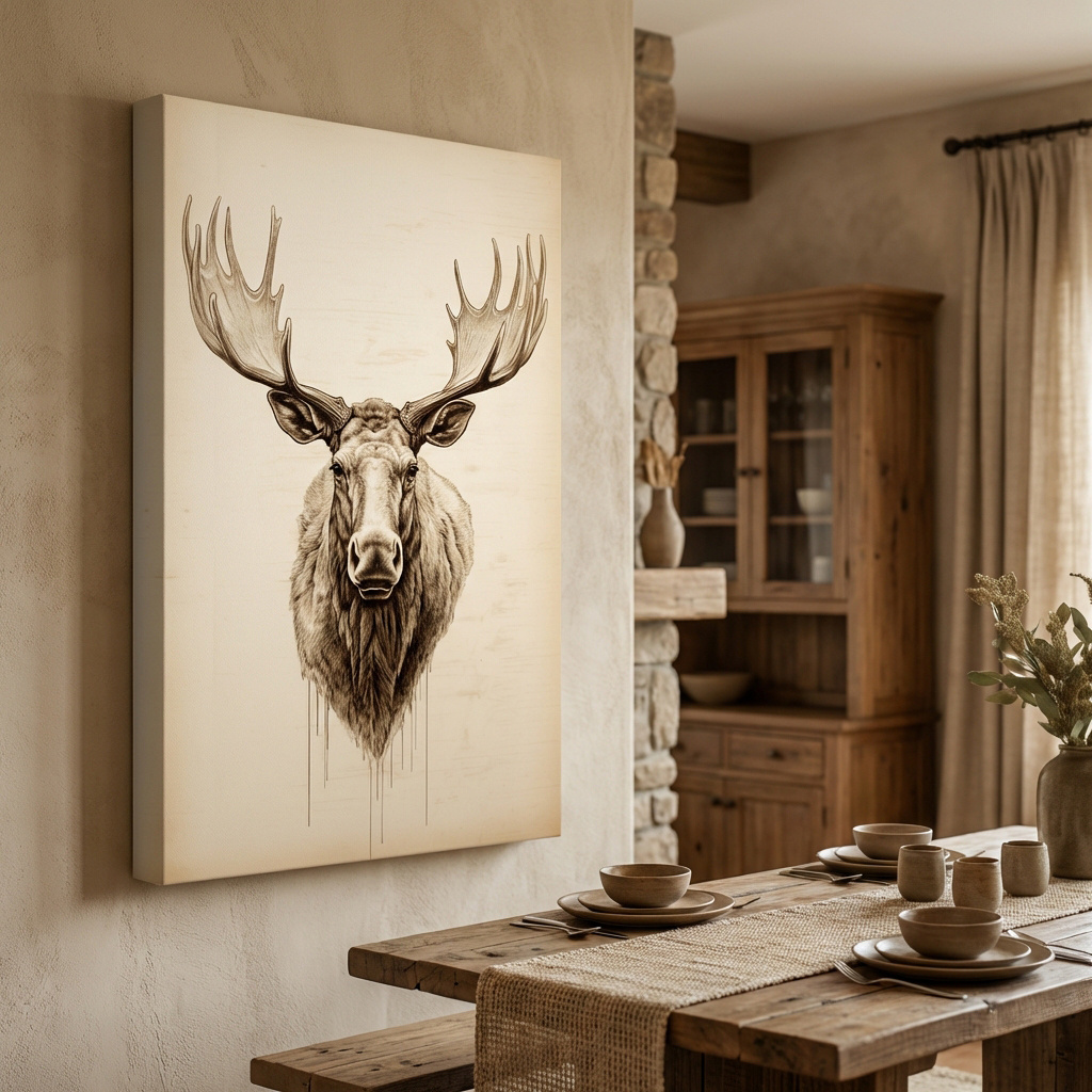 Mockup of Rustic Moose Head Sketch Illustration - Vintage Sepia Wildlife Wall Art