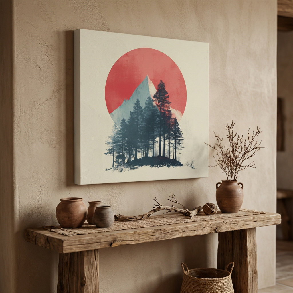 Mockup of Minimalist Mountain Peak Pine Forest - Scandinavian Sunset Landscape Wall Art