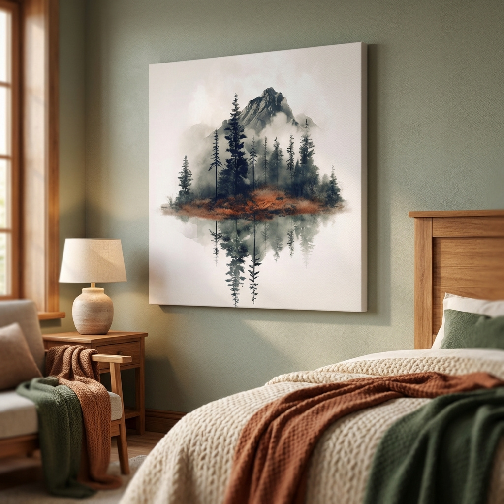 Mockup of: Minimalist Mountain Lake Reflection Watercolor - Moody Pine Forest Landscape Wall Art 