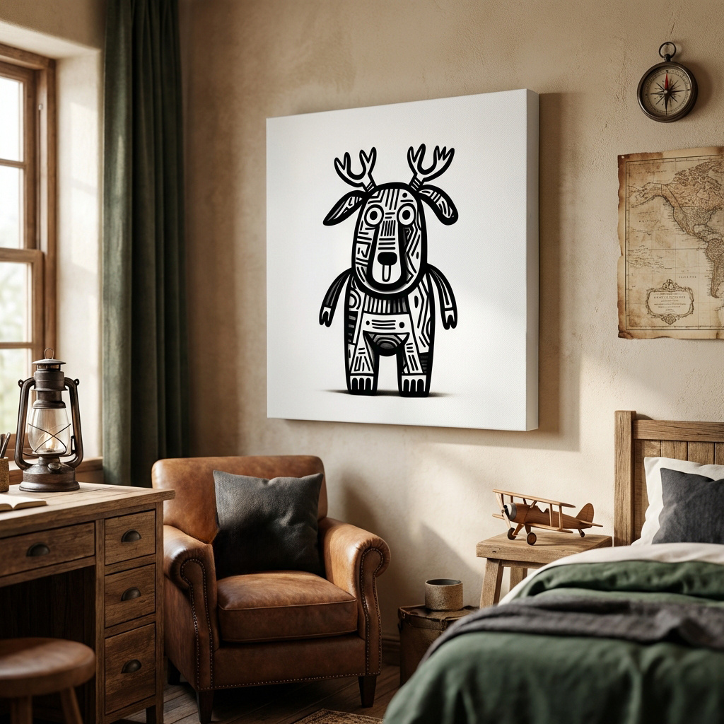 Mockup of Whimsical Tribal Deer Illustration - Quirky Black And White Animal Wall Art