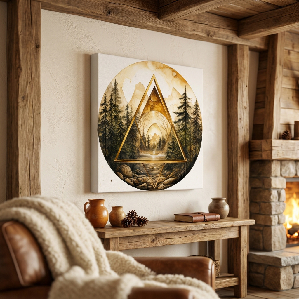 Mockup of Rustic Mountain Forest Watercolor - Gold Sepia Landscape Wall Art