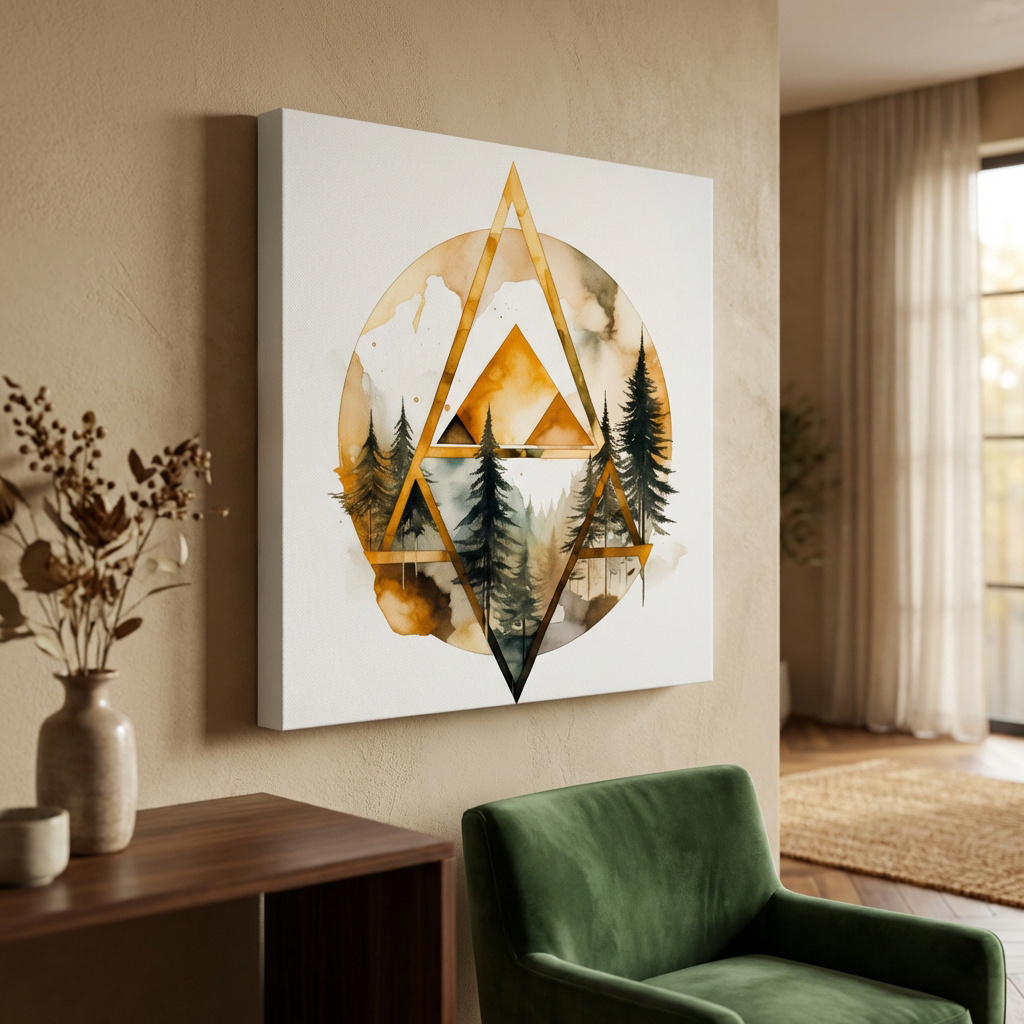 Mockup of Rustic Elegant Watercolor Mountain Pine Forest - Abstract Golden Geometric Nature Wall Art