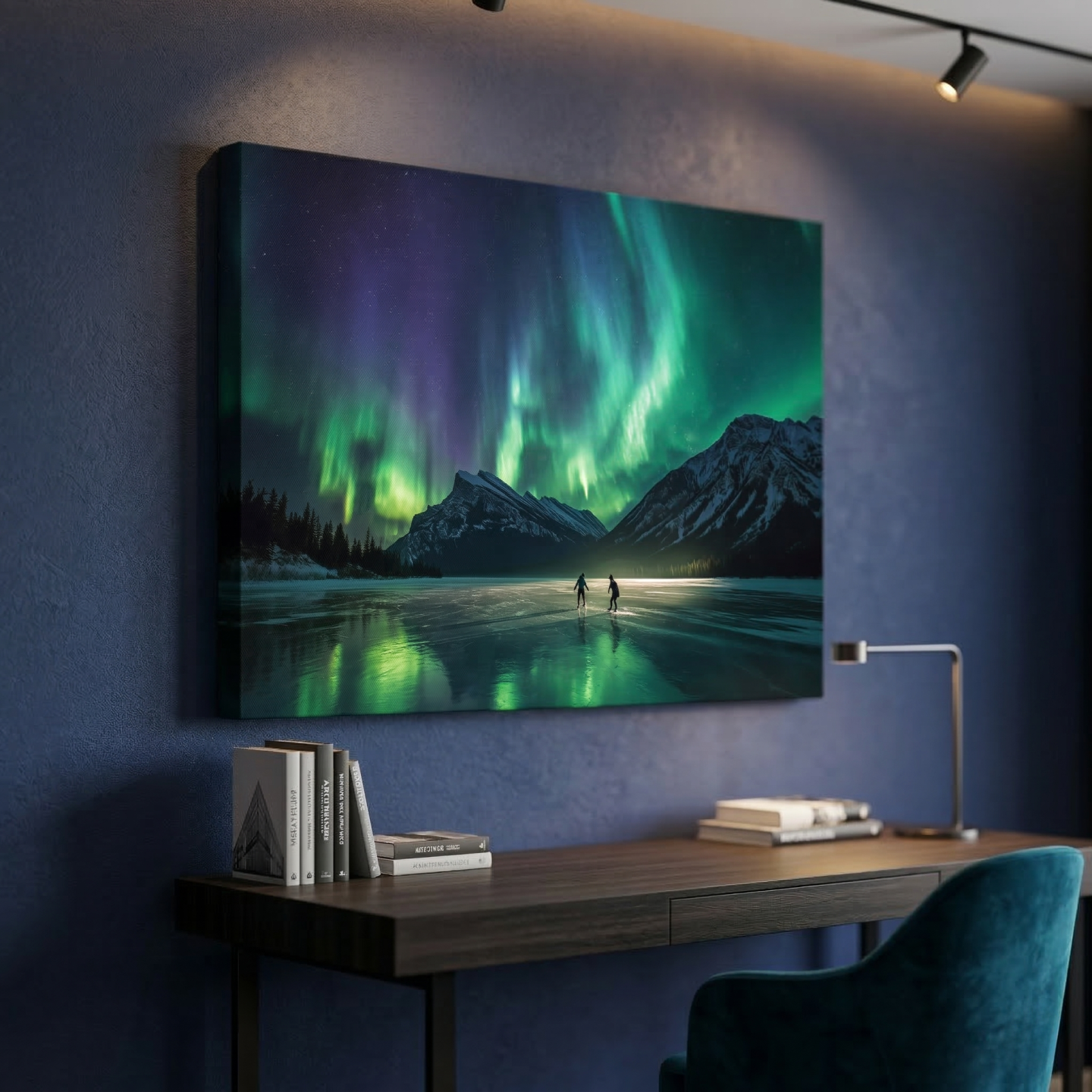 Mockup of: Ice Skaters Under Vibrant Northern Lights - Aurora Borealis Photographic Wall Art
