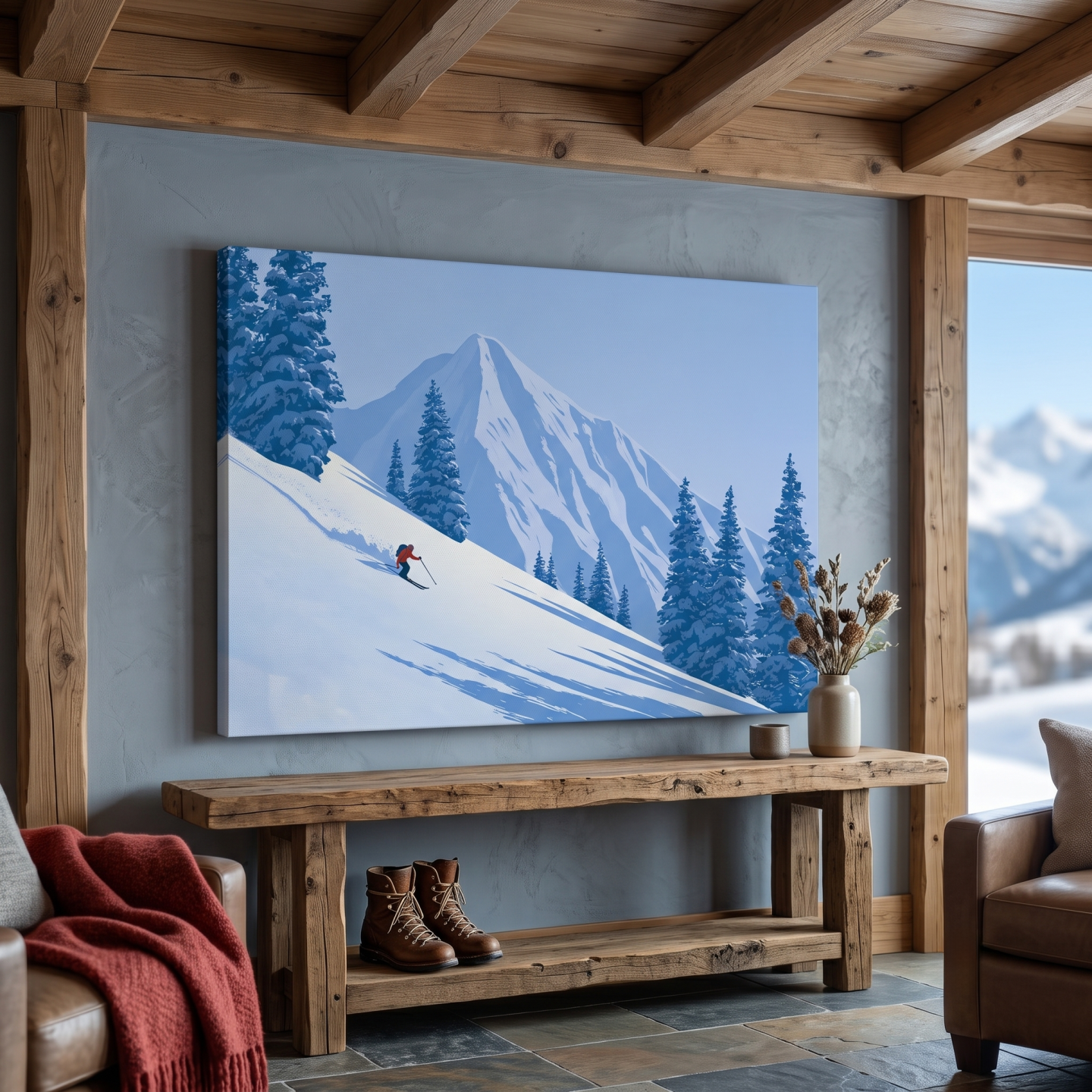Mockup: Minimalist Snowy Mountain Skier Landscape - Winter Alpine Illustration Wall Art