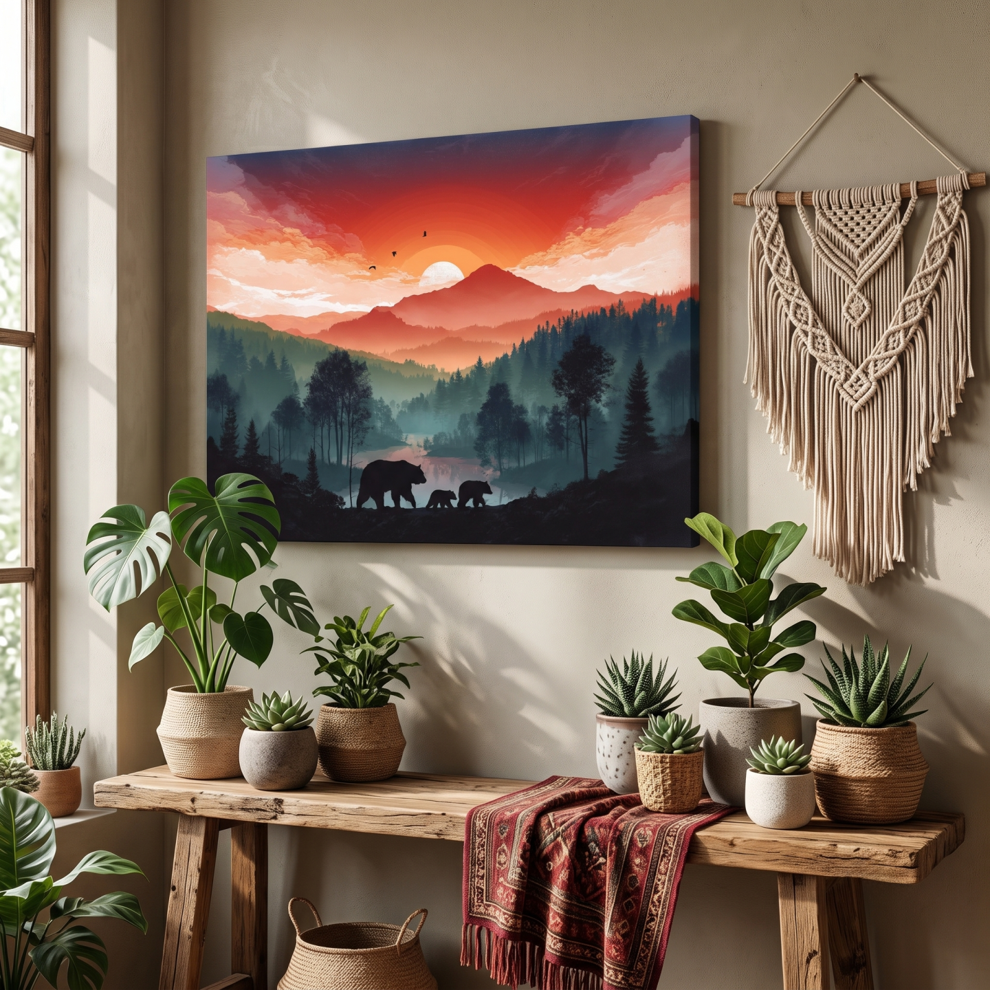 Mockup: Sunset Bear Family Silhouette Landscape - Misty Mountain Forest Wall Art