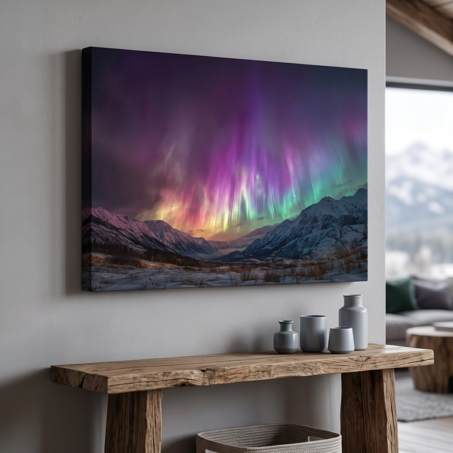 Mockup: Vibrant Aurora Borealis Over Snowy Mountains - Northern Lights Night Sky Wall Art