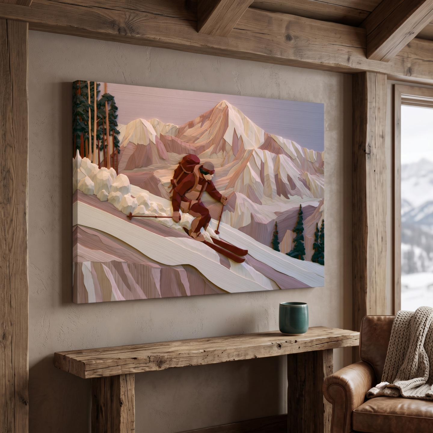Mockup: Geometric Backcountry Skier In Alpine Peaks - Winter Mountain Adventure Wall Art