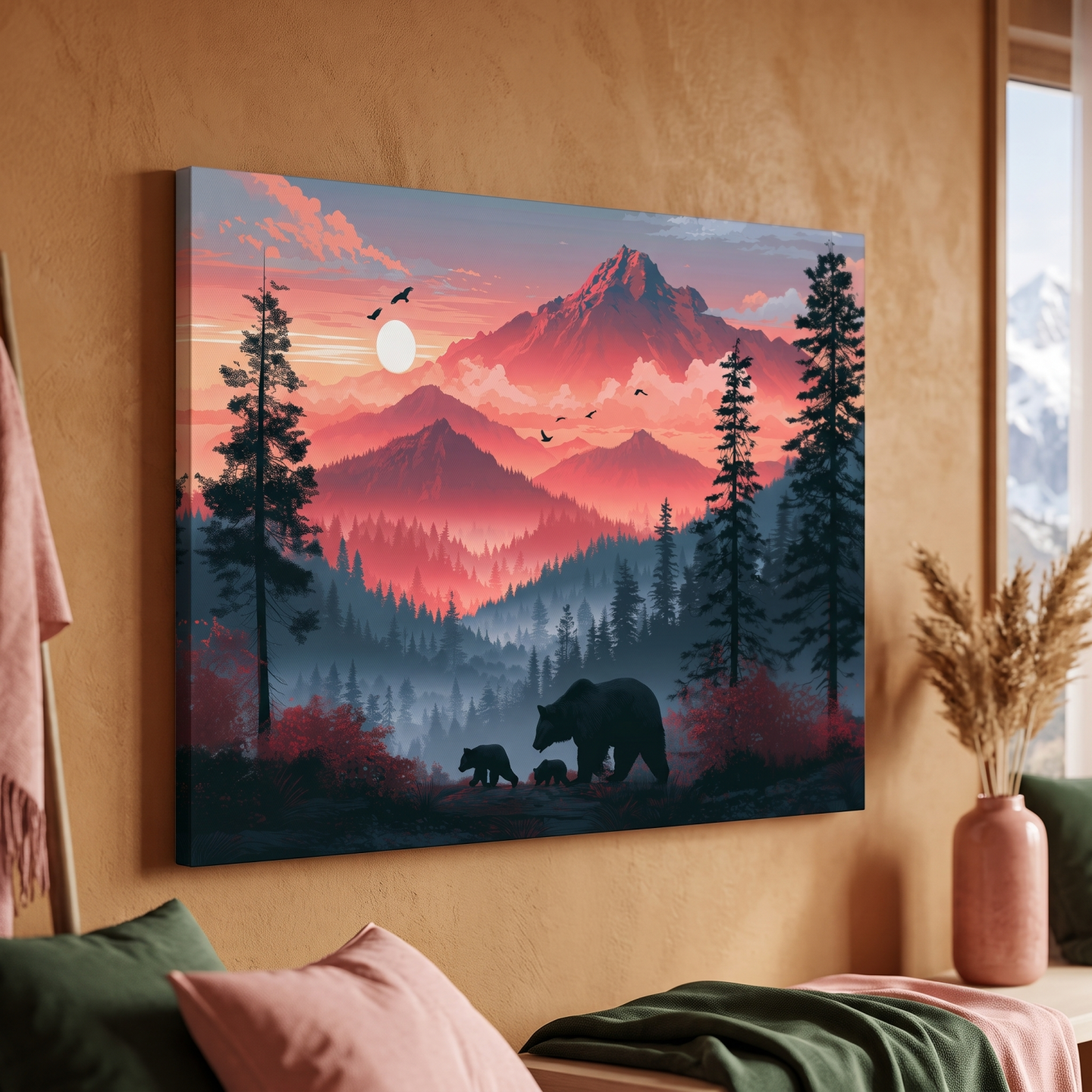 Mockup: Sunset Mama Bear & Cubs Silhouette - Forest Wildlife Wall Art