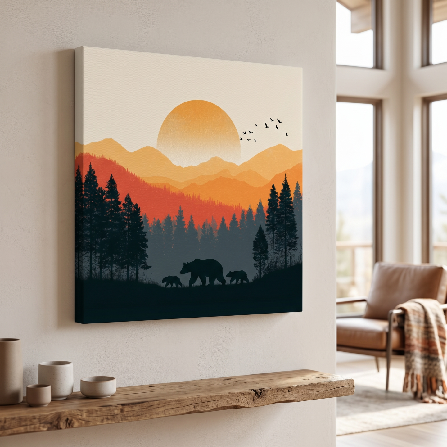 Mockup: Sunset Mama Bear & Cubs Silhouette - Wildlife Forest Landscape Wall Art