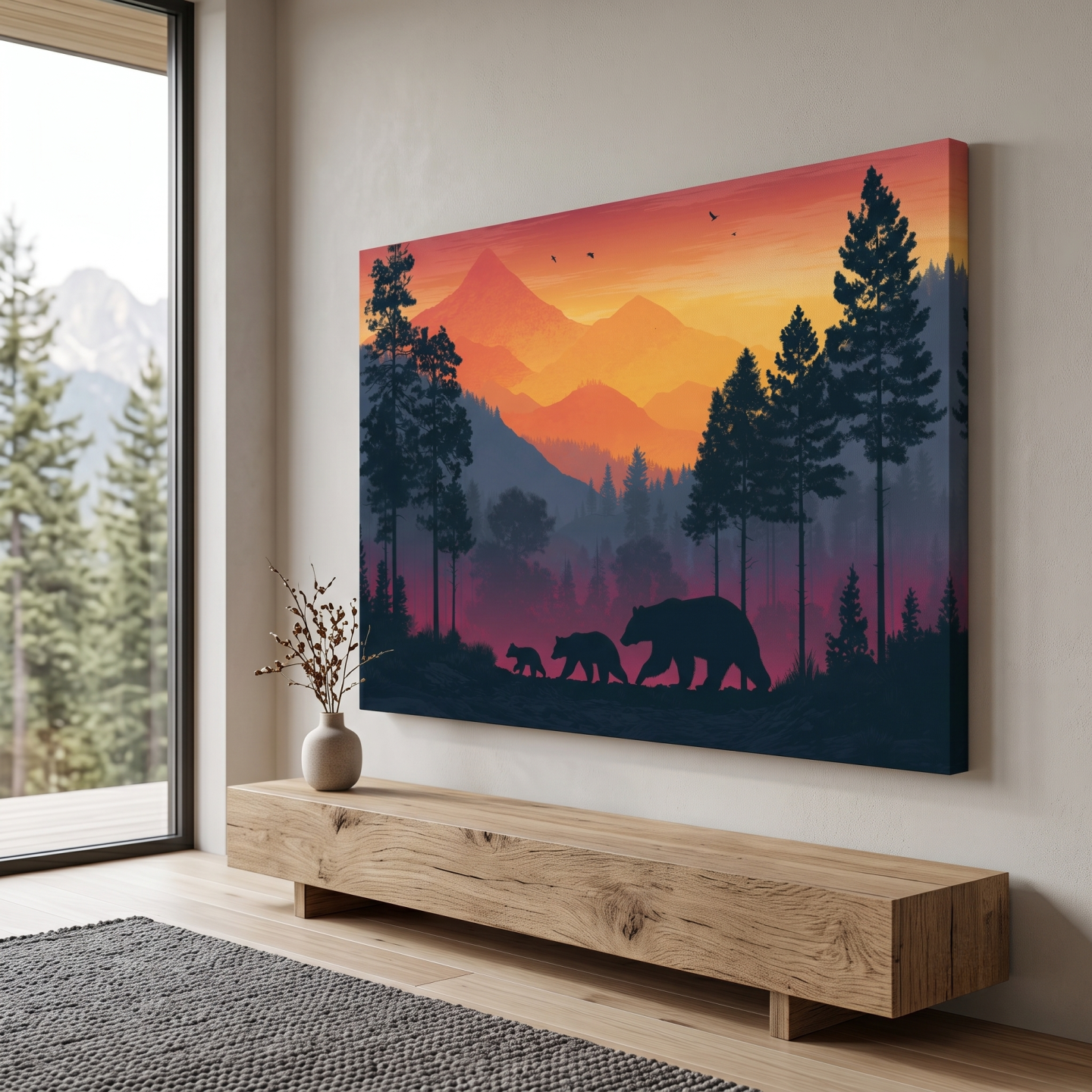 Sunset Momma Bear & Cubs Silhouette - Forest Wildlife Wall Art