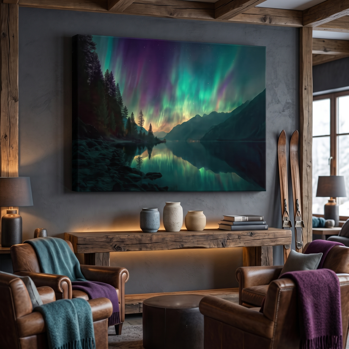 Mockup: Vibrant Northern Lights Lake Reflection - Aurora Borealis Mountain Wall Art