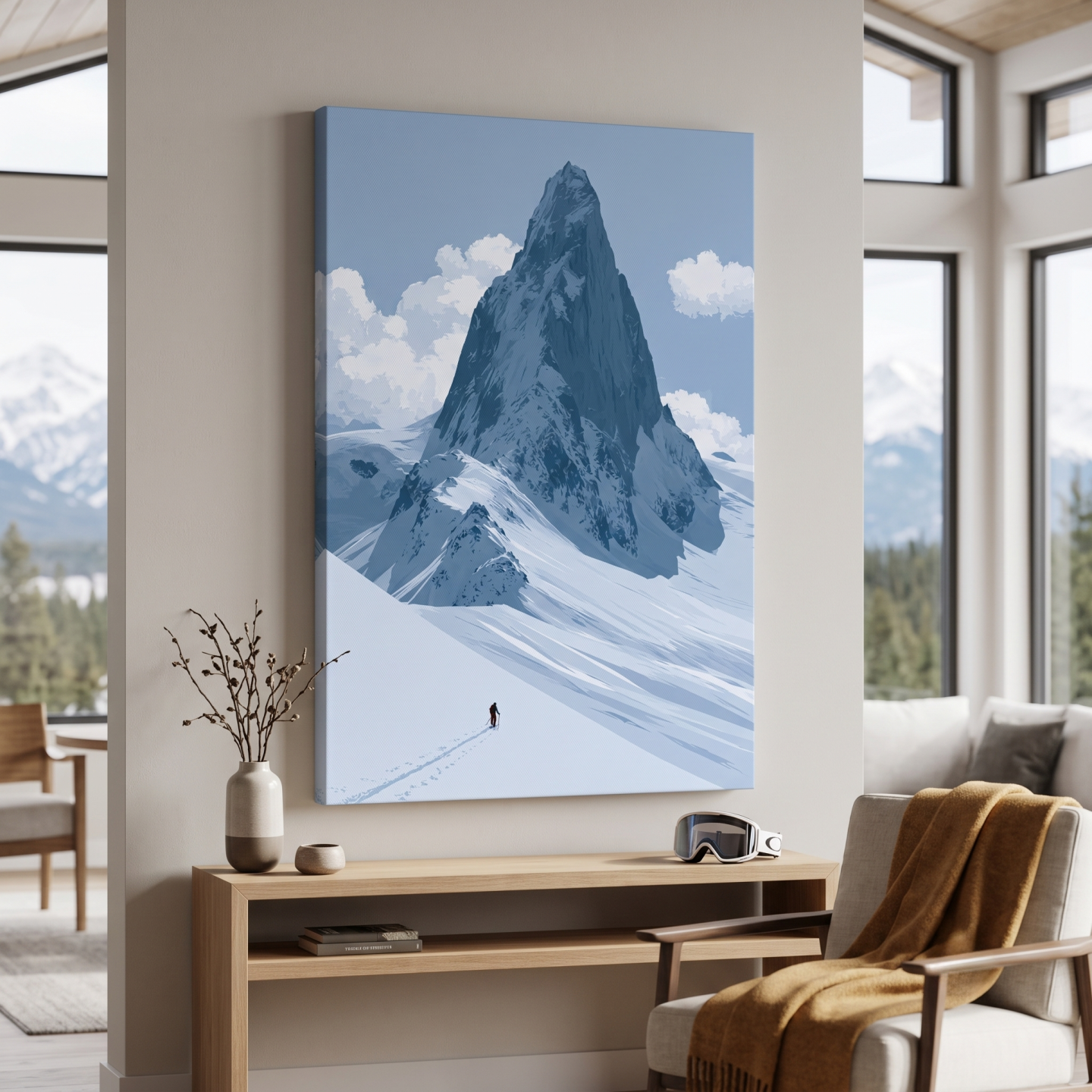 Mockup: Backcountry Alpine Skier Illustration - Minimalist Mountain Landscape Wall Art