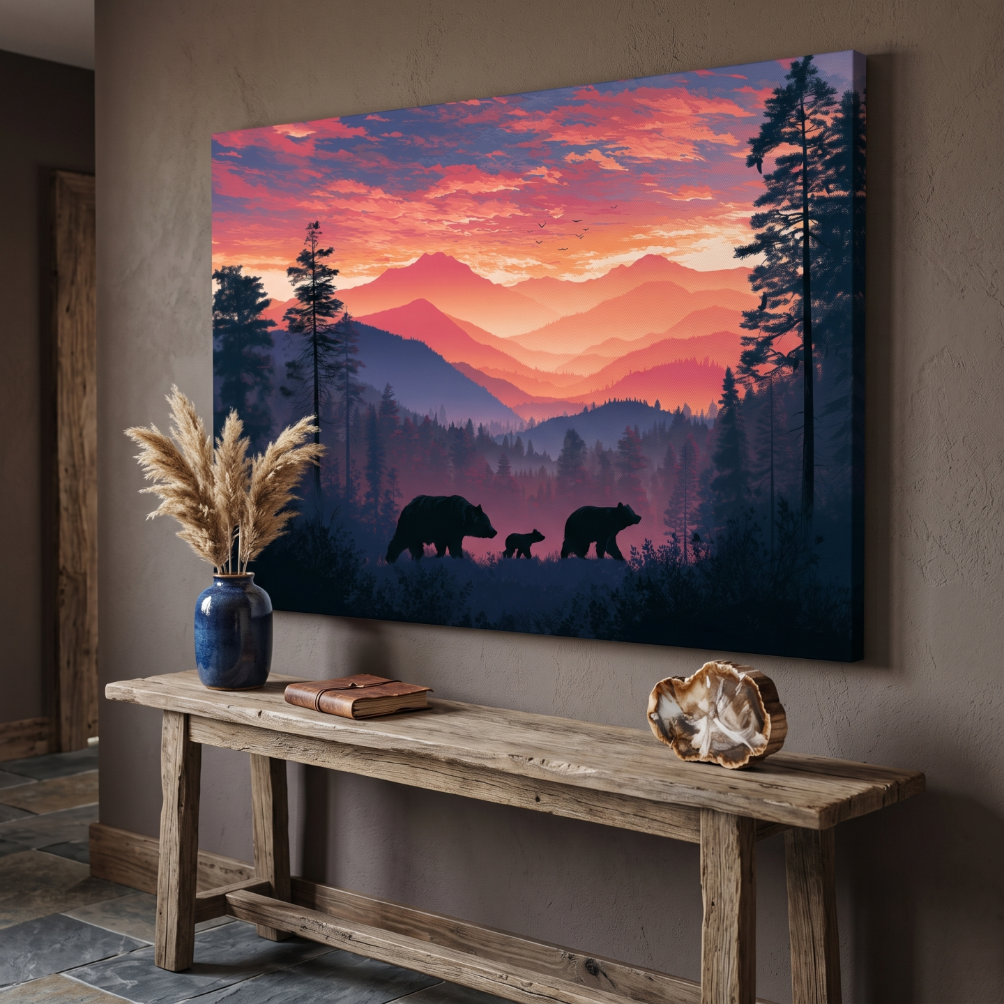 Mockup: Moody Sunset Mountain Bear Family Silhouettes - Wildlife Wall Art