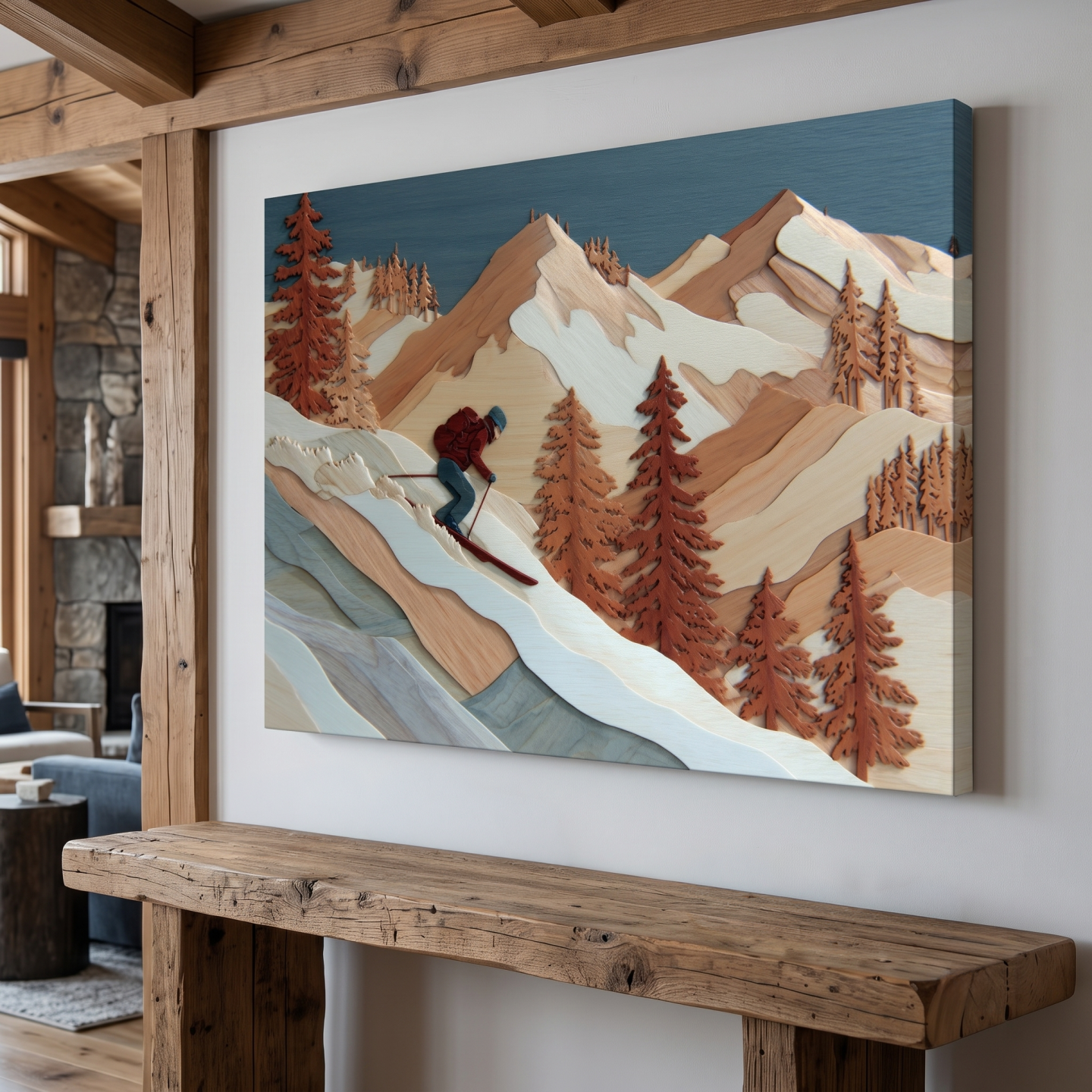 Mockup: Wood Intarsia Style Skier Mountain Scene - Winter Alpine Wall Art