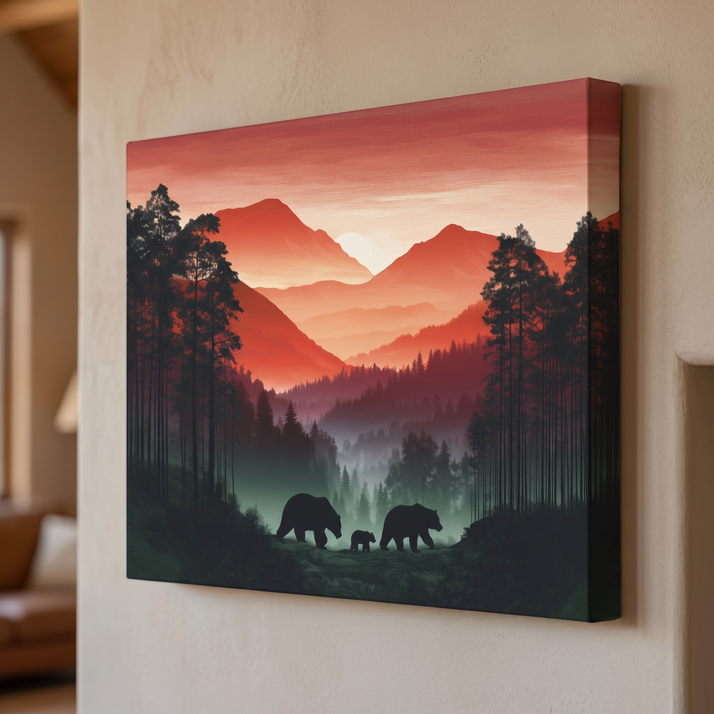Mockup: Moody Sunset Mountain Bear Family Silhouettes - Misty Forest Wildlife Wall Art