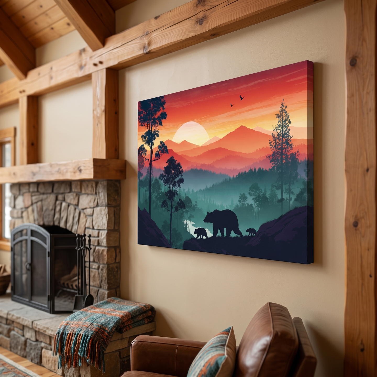 Mockup: Sunset Mama Bear & Cubs Silhouette - Misty Forest Landscape Artwork