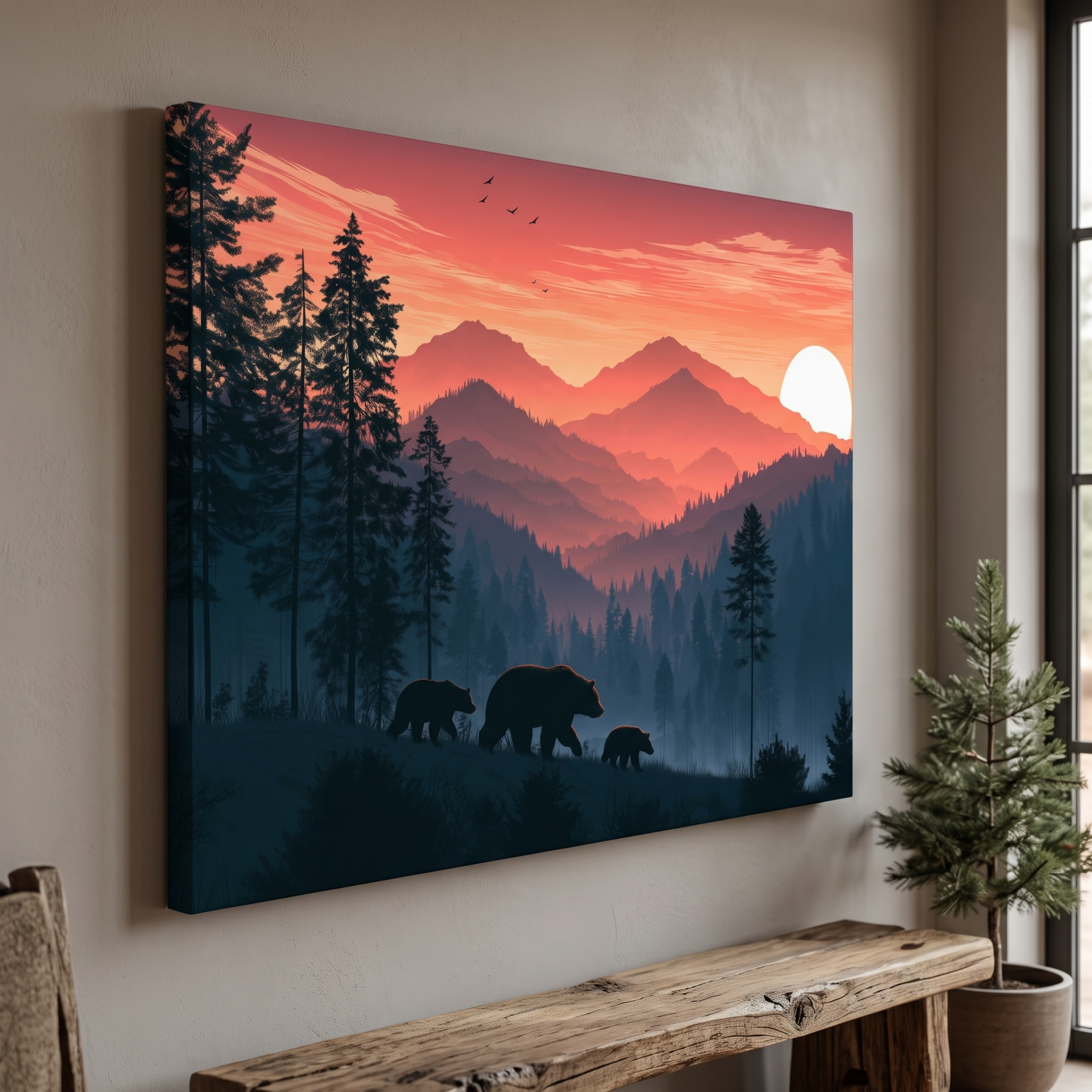 Mockup: Bear Family Silhouette Mountain Sunset - Wildlife Landscape Wall Art