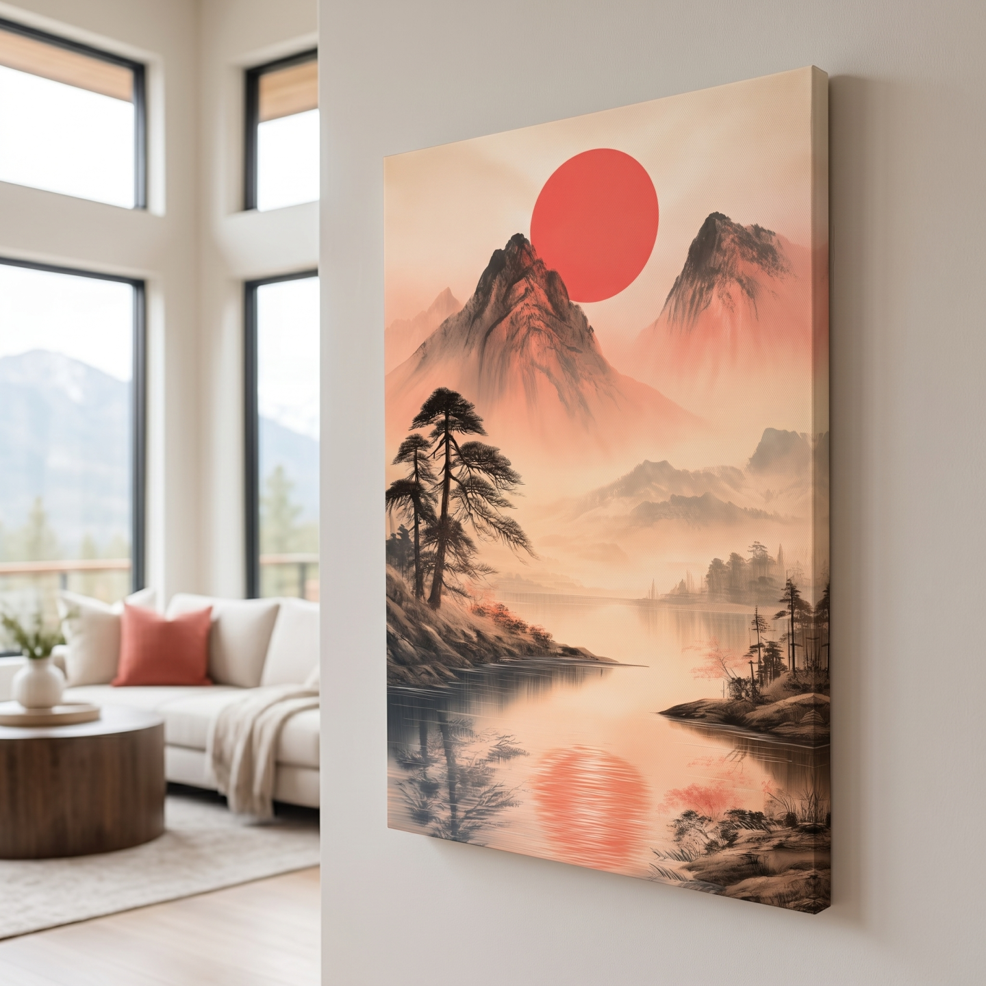 Mockup of Japanese Ink Wash Mountain Sunrise - Sakura Cherry Blossom Wall Art