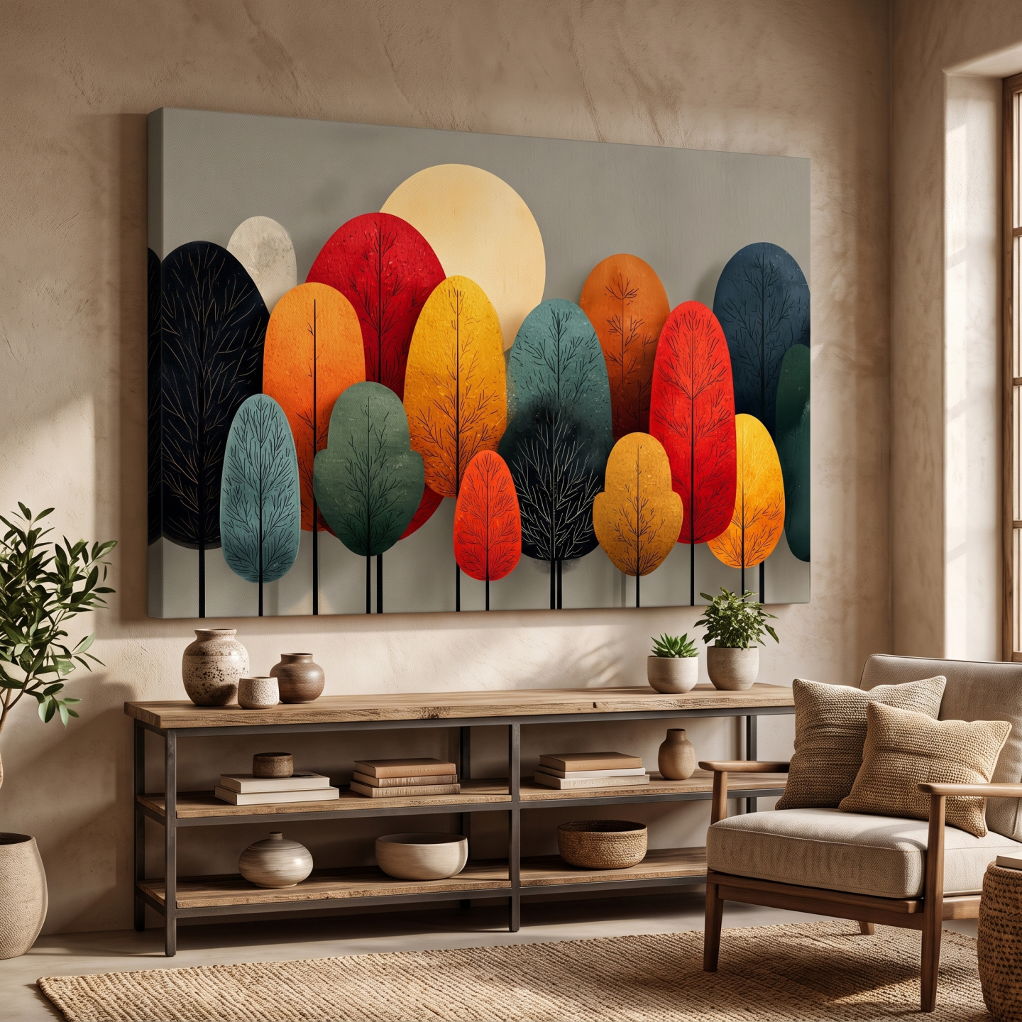 Mockup of Modern Abstract Scandinavian Forest Canvas: Minimalist Geometric Trees in Earth Tones
