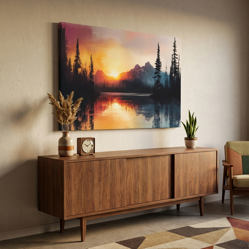 Mockup: Abstract mountain art painting, sunset over a lake and forest 