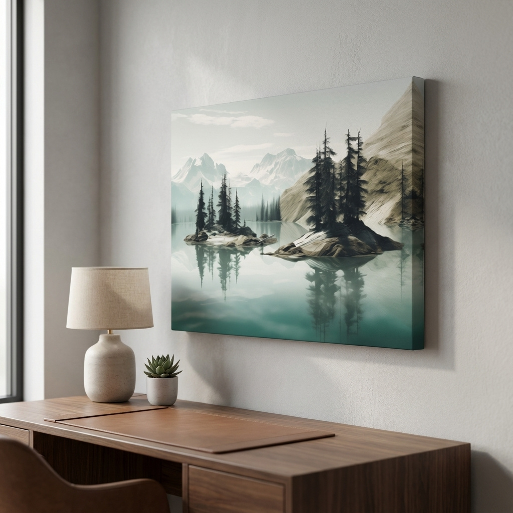 Mockup of Painting of trees on a pacific northwest turquoise lake alpine lake
