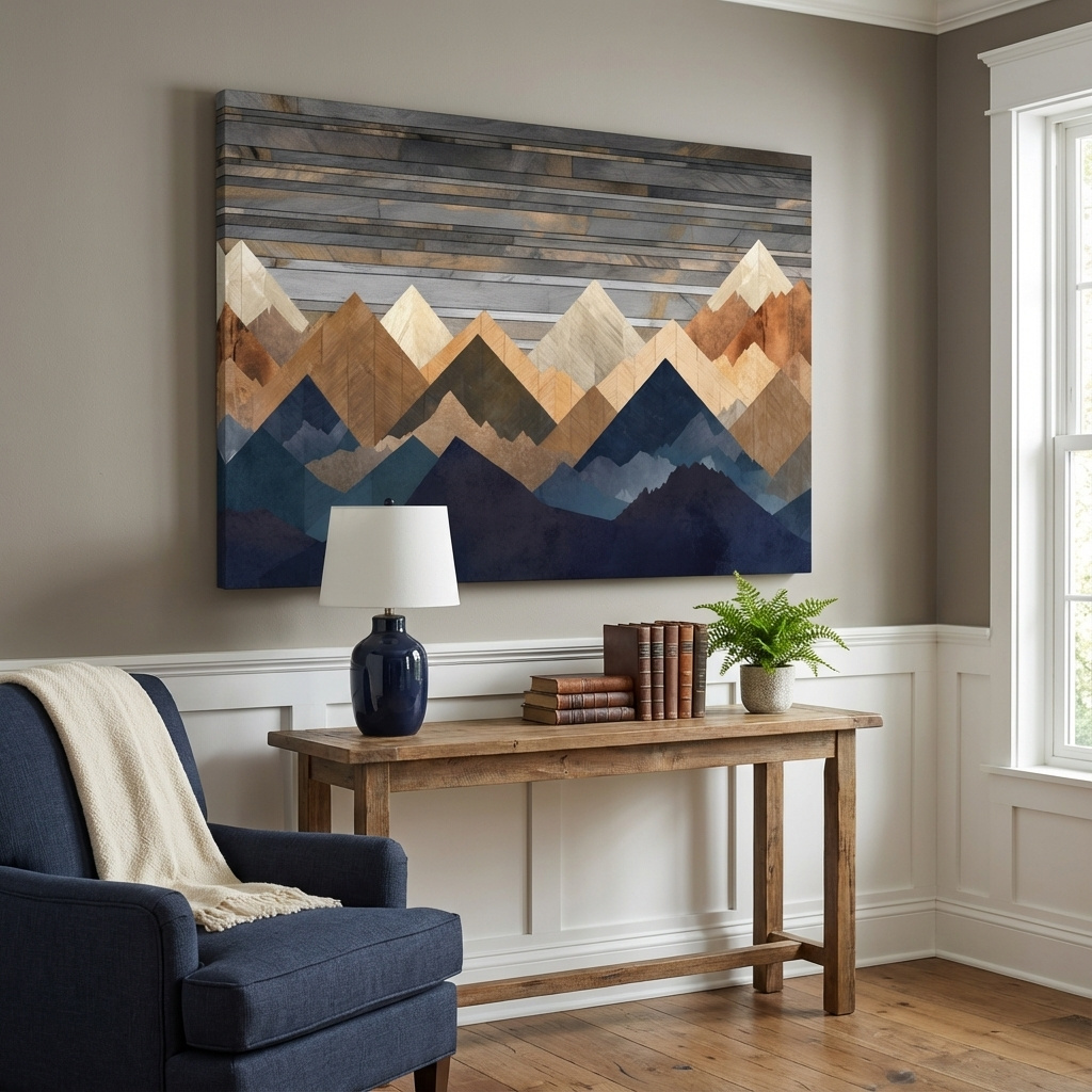 Mockup of Printed wooden panel mountain art