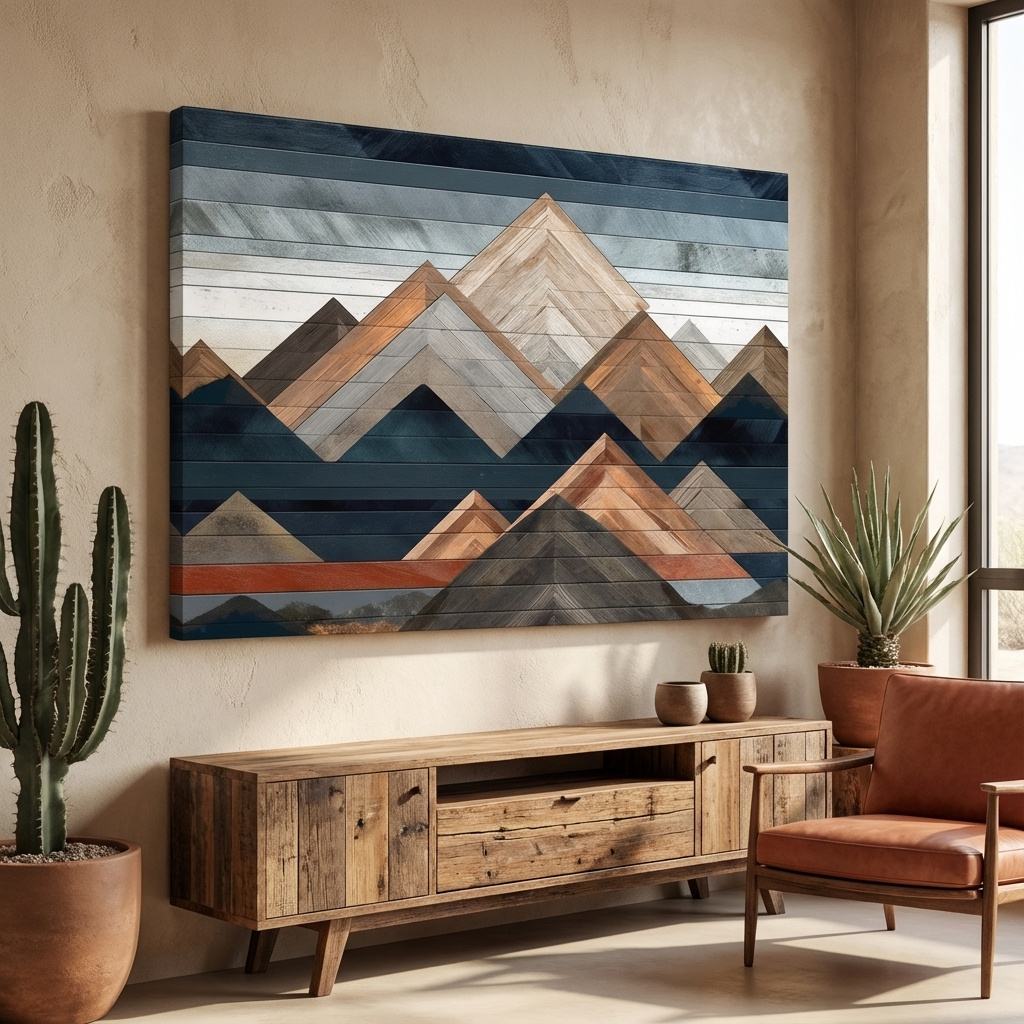 Mockup of Printed wooden panel mountain art