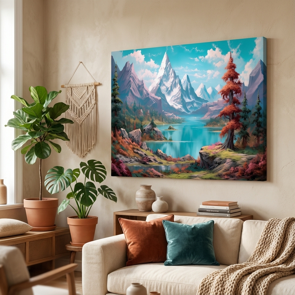 Mockup of Painting of a surreal alpine mountain landscape