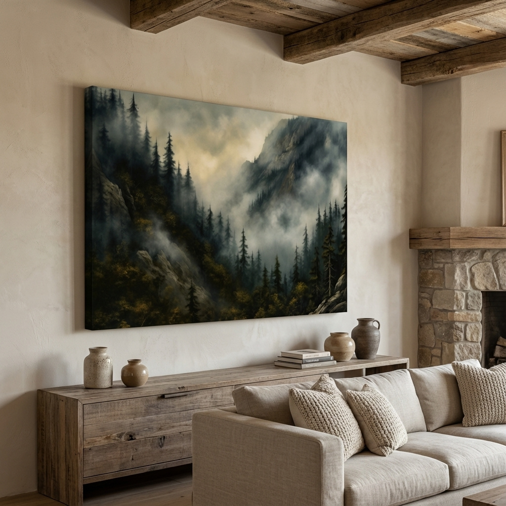 Mockup of Painting of fog rolling through the trees and mountains, foggy forest artwork