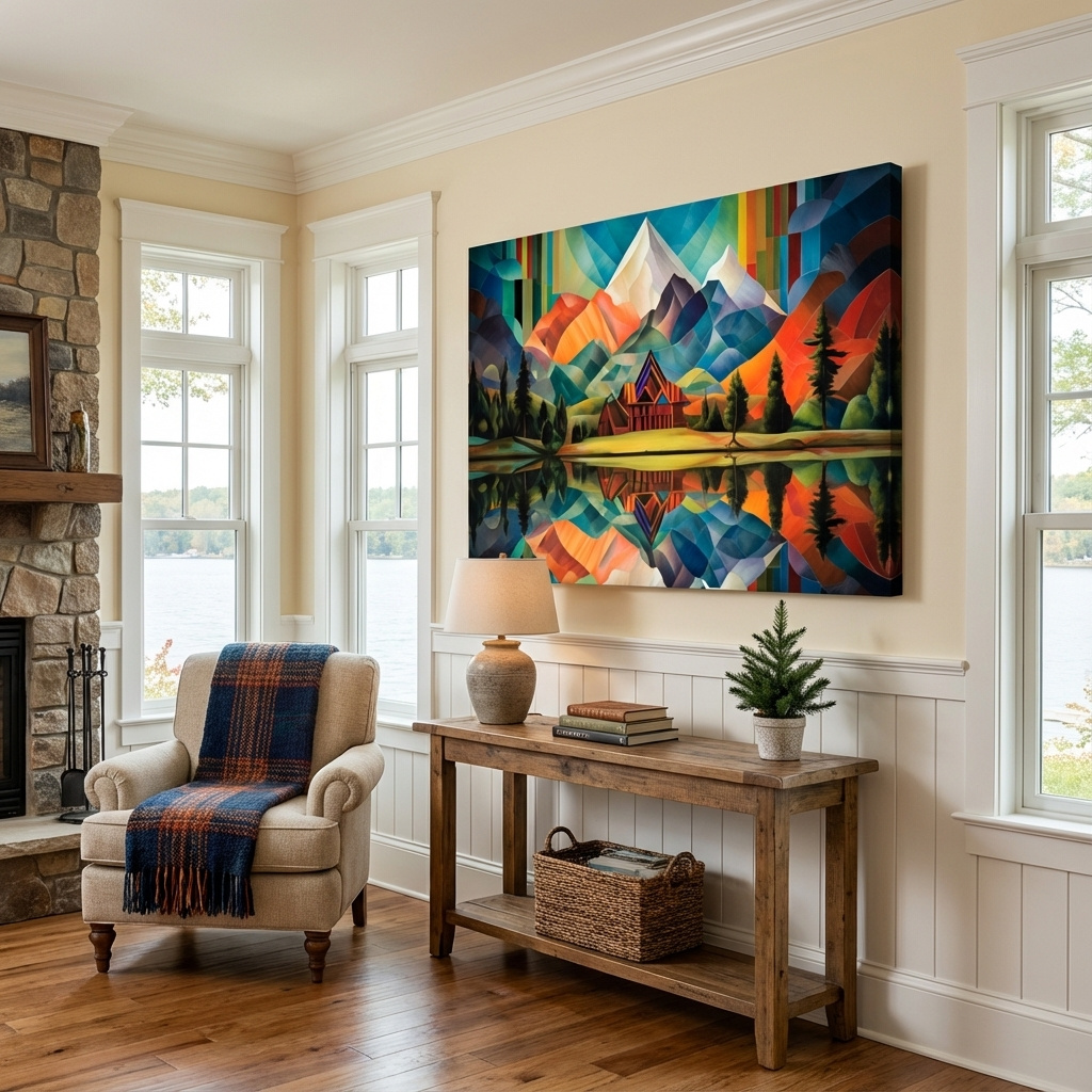 Mockup of Abstract oil painting of a cabin by a lake, mountain scenery