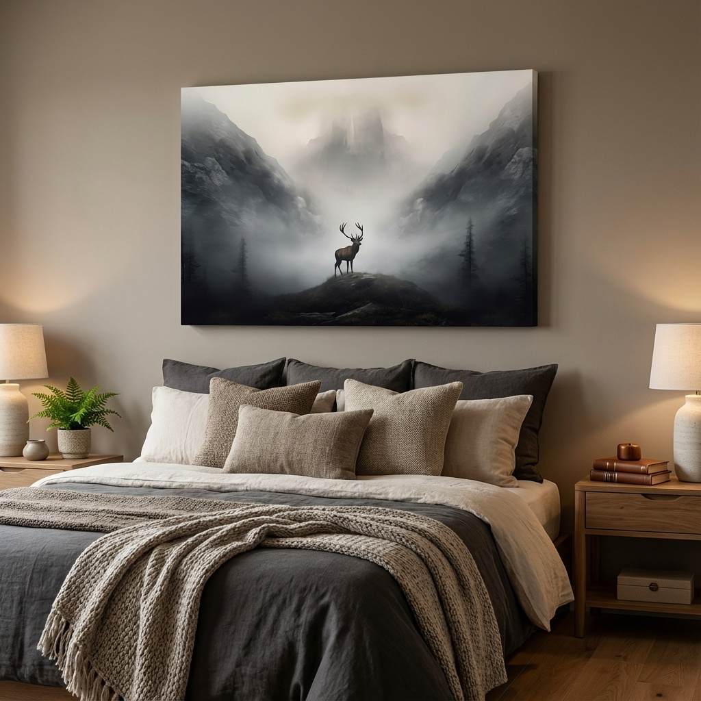 Mockup of Painting of a majestic deer standing in the fog