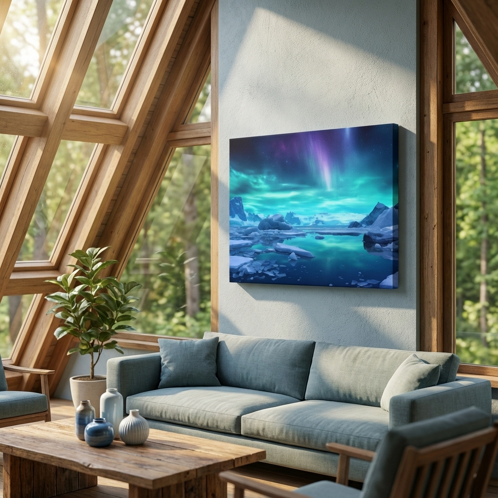 Mockup of Northern lights over the antarctic ice, photographic wall art